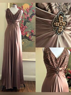 Vintage 90s Whimsigoth Maxi Dress Brown Satin Lace Beaded Fairy Prom Dress 10